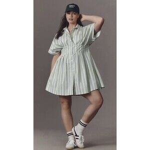 Anthropologie Exquise Mini Shirt Dress Tobie Green Stripe Vacay Preppy Large NWT